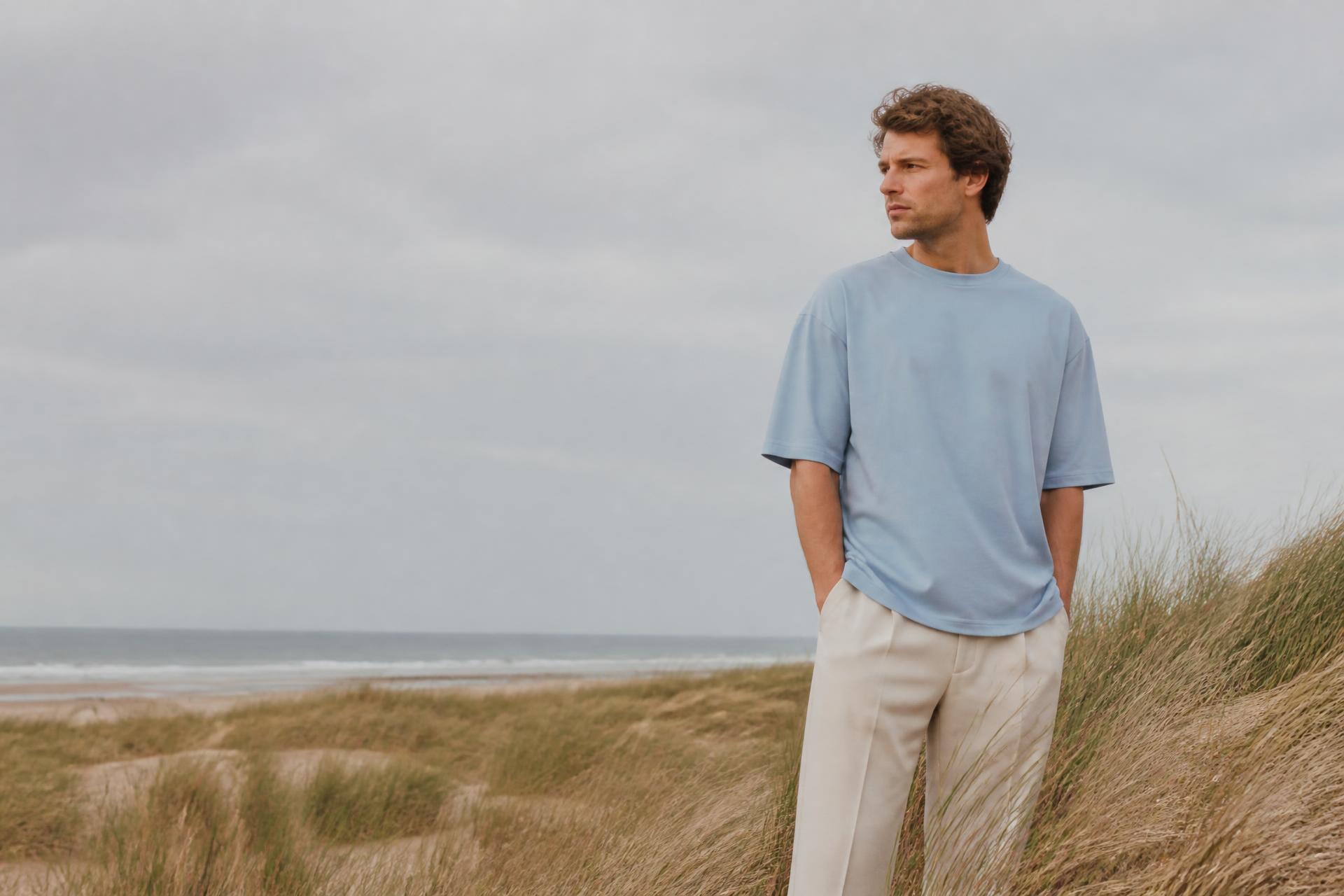 Model in een WERF Premium Regular Fit Tee aan de Noordzeekust